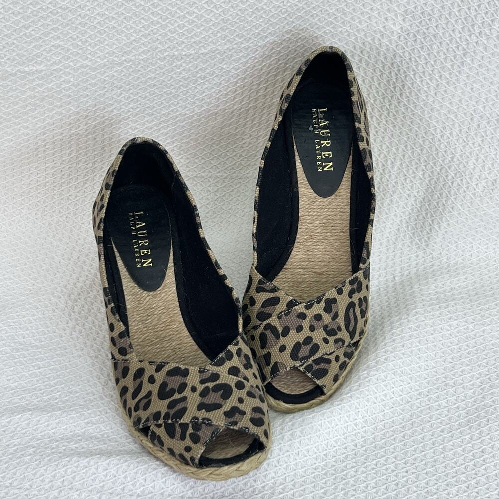 Lauren Ralph Lauren Cecilia BB Leopard Peep Toe Espadrille Wedges Women 8 B - Picture 9 of 10
